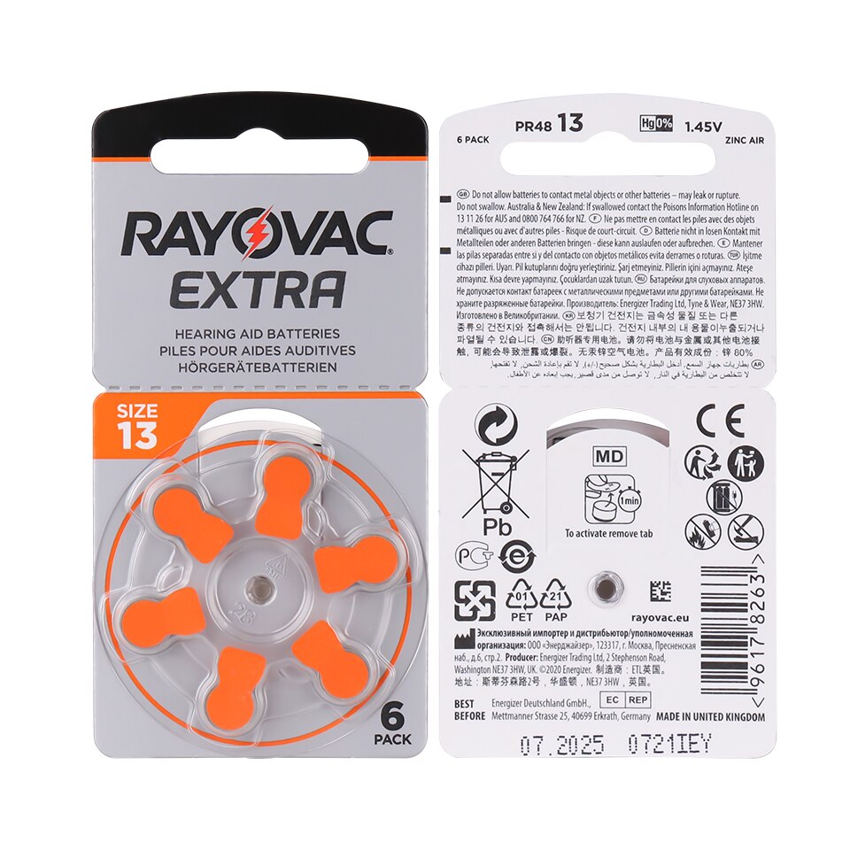 60 stk rayovac ekstra sink luft høreapparatbatterier  a13 13a 13 p13 pr48 høreapparatbatteri  a13