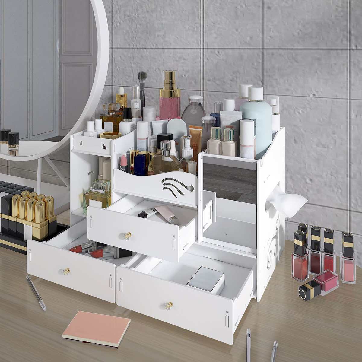 Wooden Storage Box Cosmetic Storage Box Large-capacity Jewelry Storage Box DIY Multi-function Drawer Dresser Storage Box