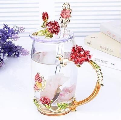 Rose Blossom En Strass Versierd Emaille Koffie Cup Beker Bloem Thee Glas Melk Cups Legering Handgreep Kopjes En Mokken: F