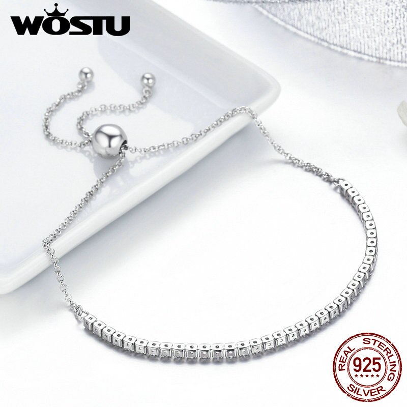 WOSTU regalo di san valentino argento Sterling 925 luminoso, rosa CZ Strand bracciale Tennis bracciale donna S925 gioielli in argento CQB045