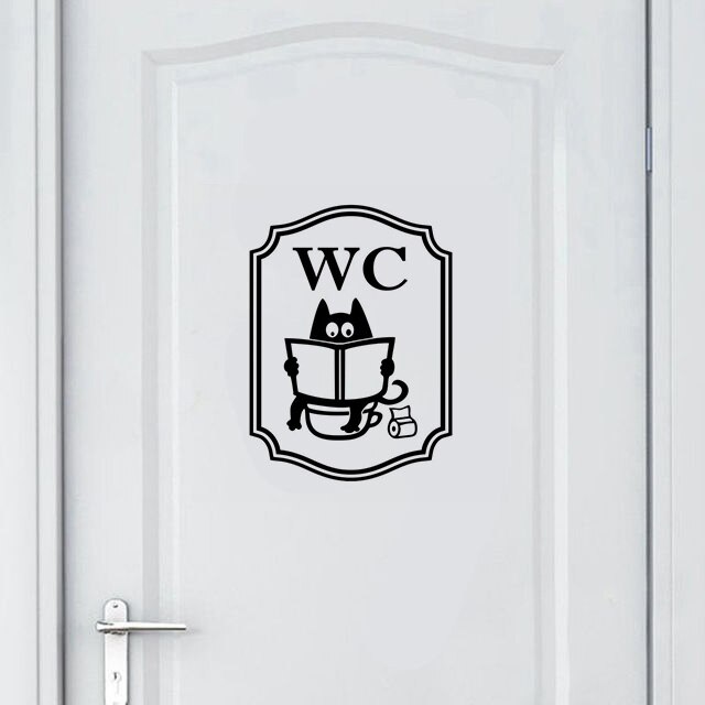 Rolig katt toalettskylt klistermärken litet interiört rum heminredning wc skylt vägg vinyl dekaler toalettdörr konst avtagbar väggmålning  az004
