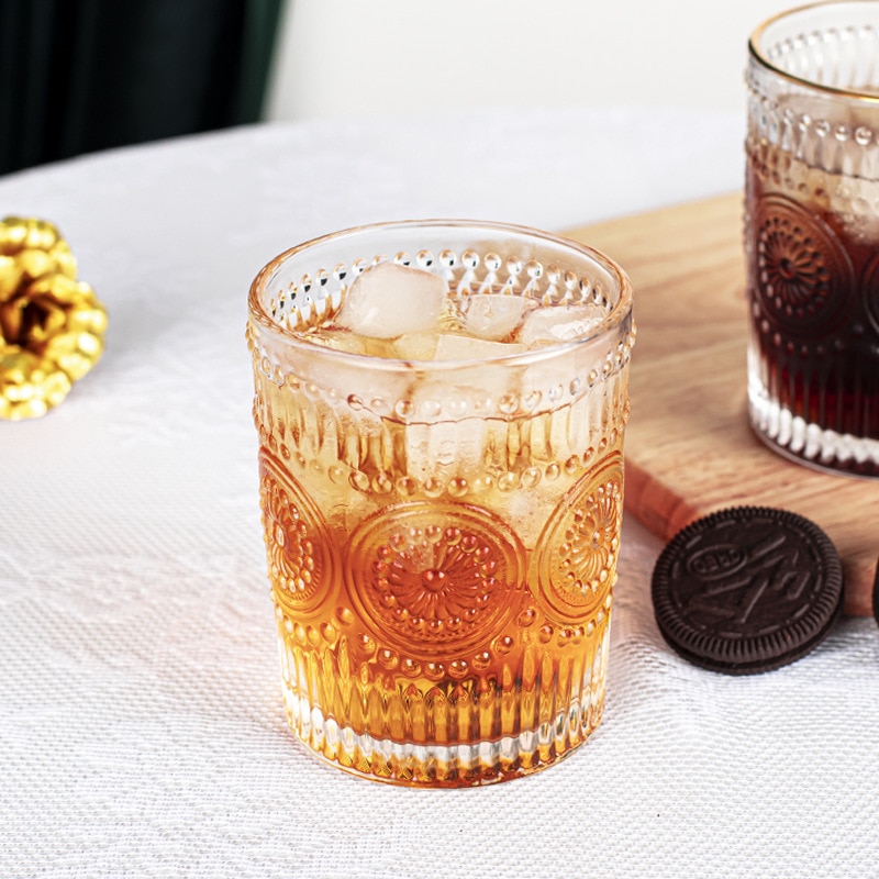 400ml Transparent Glass Water Cup Household Simple Fresh Style Wine Glass Retro Carved Drinking Juice Milk Coffee Beer Glass Cup