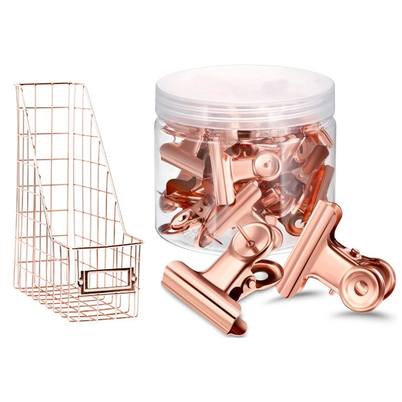 30Pcs Push Pins Clips Met Duim Kopspijkers Set (Rose Goud) & 1 Pcs Vijlbladhouder Mesh Slaapkamer Briefpapier Bureau Organizer: Default Title