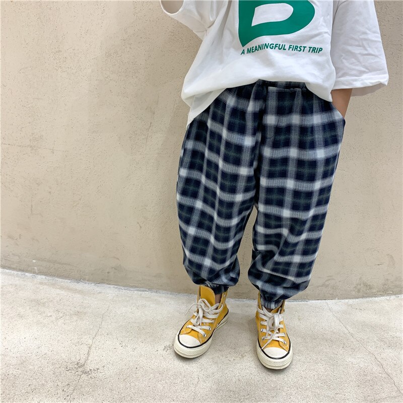 Herfst Dunne Losse Plaid Casual Broek Unisex Alle-Match Enkel-Gebonden Broek 2-7 Jaar Jongens En meisjes Bodems