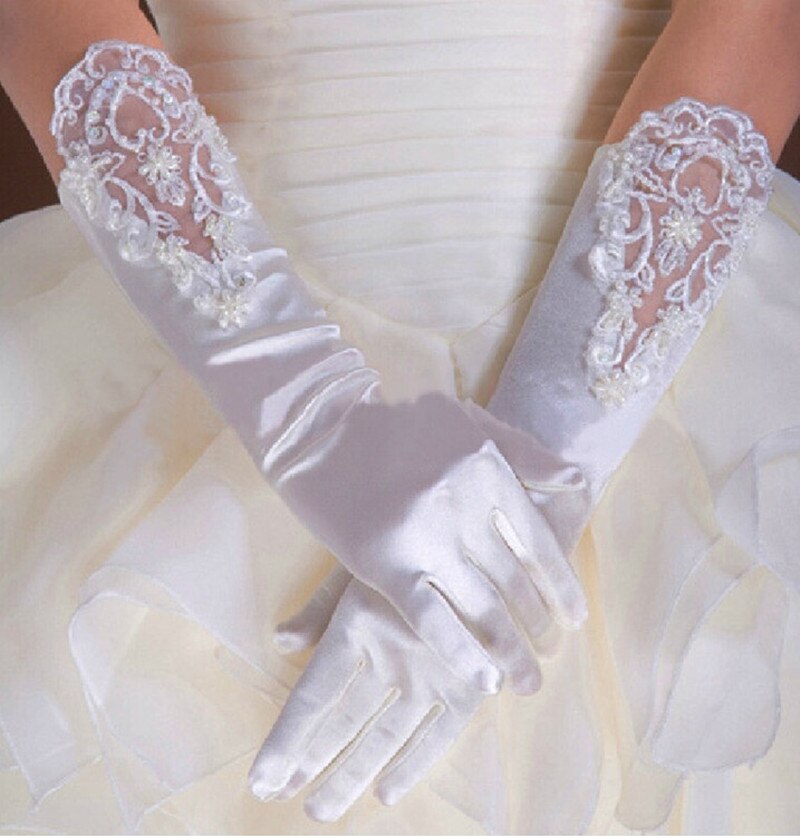Guantes de novia baratos para mujer, guantes largos de novia, guantes de encaje blanco con cuentas, para dedos satín, accesorio para novia, longitud del codo