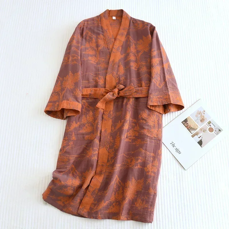 Damen-Bademantel aus bedruckter Baumwolle, Schließfach sitzender Bademantel, japanischer Stil, zum Binden, Kimono-Bademantel, schweißdampfende Baumwollpyjamas, Roben für Damen: M / Orange