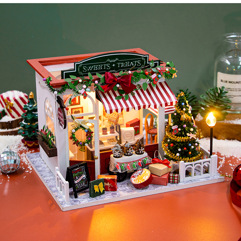 Diy Houten Poppenhuizen Kerst Dessert Winkel Casa Miniatuur Model Kit Villa Poppenhuis Met Meubels Led Licht Voor Vrienden Cadeau