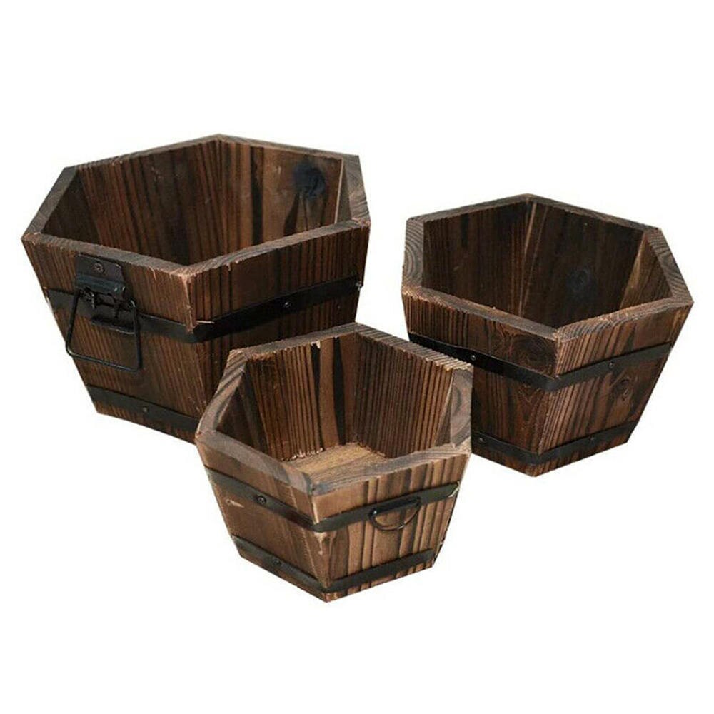 3 Stck Jahrgang Holz Blumentöpfe Balkon Pflanzen Eimer Fässer Pflanze Blume Badewanne Boxen Container-Heimat Garten Dekoration: sechseckig