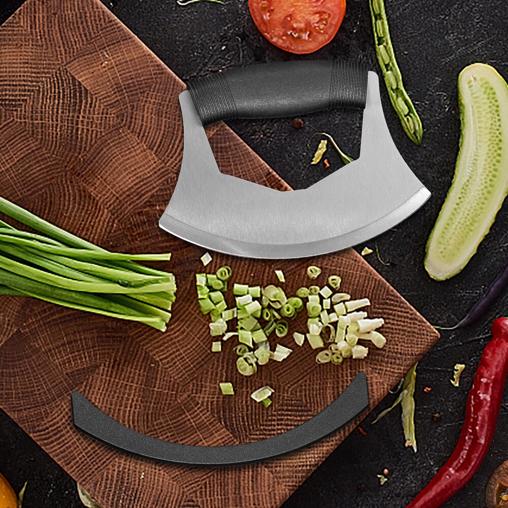 Stainless Steel Mezzaluna Herb Cutter Single Blade Vanilla Mincing Knife Pizza Cutter Vegetable Salad Chopper With Sheath