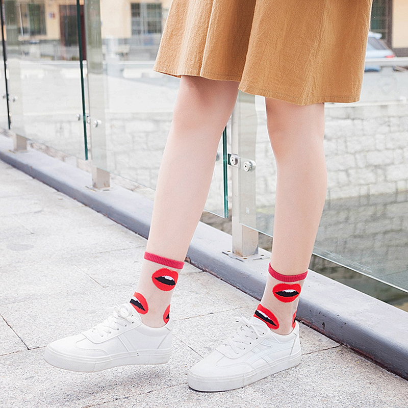Spring Summer Ultra-thin Glass filament Socks Woman Printing Dots Korean Style Silk Socks Cute Stripe Transparent Socks
