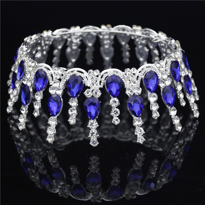 Wedding Tiara Crown - Round Rhinestone Bridal Headpiece - Gold & Silver Plated Zinc Alloy: Silver Blue