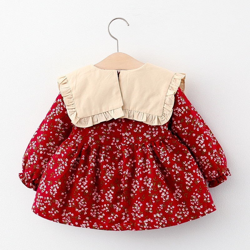 Höst bebis flickor puffärm klänning slagkrage rosett söt vintage kläder prinsessa blommiga vestidos outfits för fest