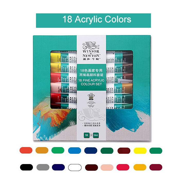 Winsor & Newton Aquarellen Acryl Olieverf Set 12/18/24/36 Kleuren 10Ml Tube Rijke Pigmenten Blijvende Voor Beginners Student: 18 Acrylic Colors
