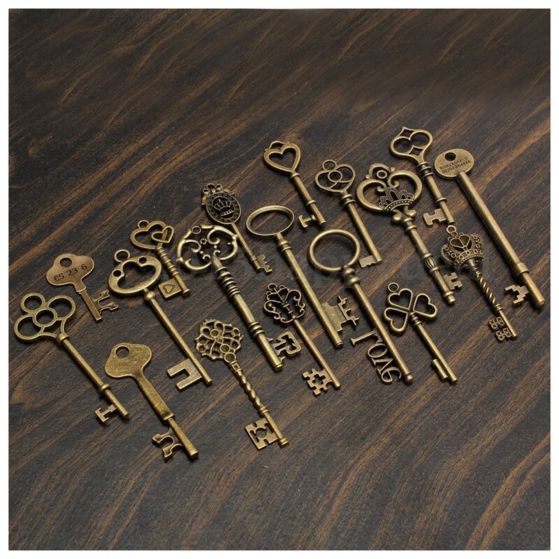 Set Van 18 Antieke Vintage Oude Look Brons Skeleton Key Hart Boog Lock Hanger