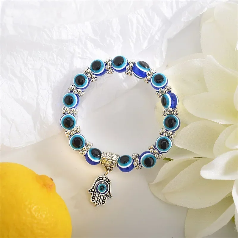 Pulsera Vintage de mal de ojo azul para mujer, amuleto de la suerte de los deseos, pulsera de mano de Fátima, pavo de la suerte, colorida, Simple, de , 2 uds.