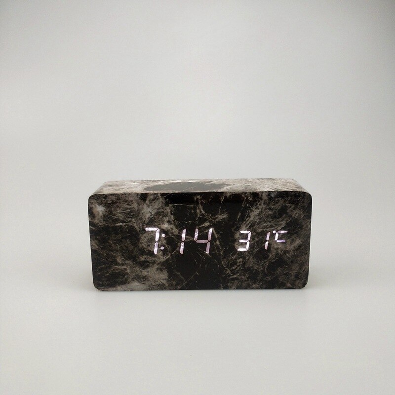 Led wooden marble stone pattern wooden clock temperature clock digital clock sound control electronic alarm clock 1299: Black