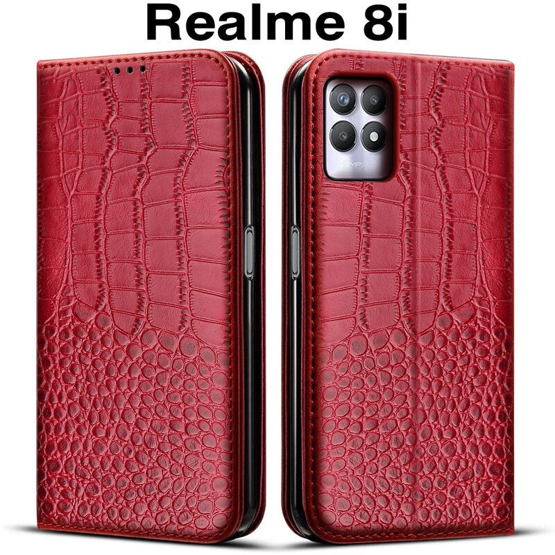 Étui portefeuille à rabat en cuir pour Realme 8i RMX3151, coque de protection pour téléphone: Red