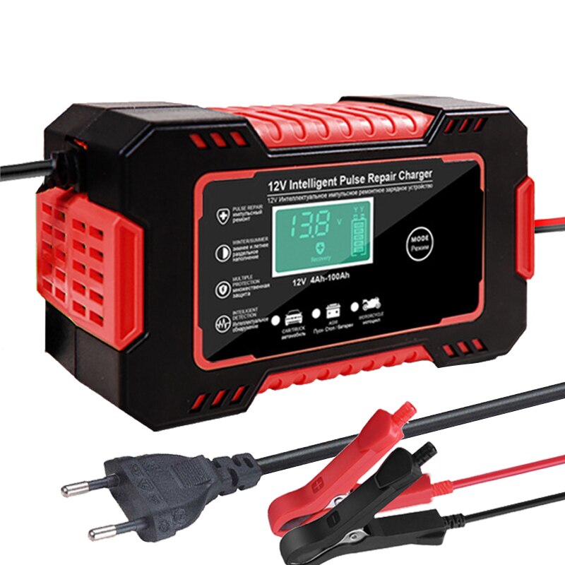 Car Battery Charger Digital LCD Display Full Automatic 12v Car Battery Charger Power Puls Repair Chargers Wet Dry Lead Acid: Red EU Plug