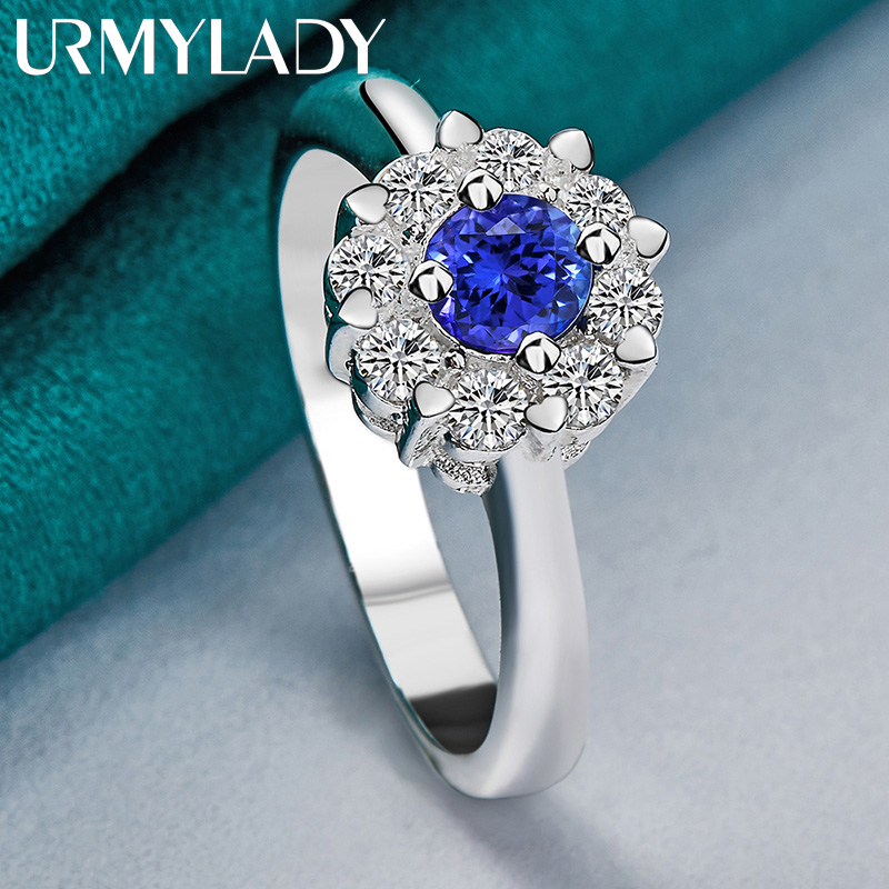 URMYLADY Fiore in argento sterling 925 con zirconi blu 7-10 # Anello per gioielli di moda per feste di fidanzamento e matrimonio da donna