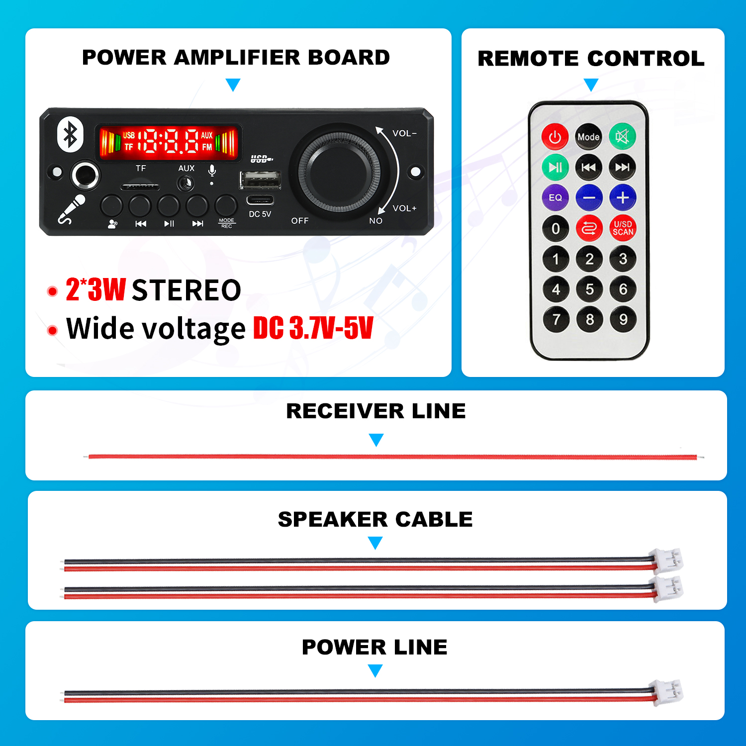 Wzmacniacz 160W / 6W Bluetooth 5.0 DIY Dekoder MP3 Odtwarzacz audio 12V Odtwarzacz MP3 Samochodowy moduł radia FM TF USB Mikrofon Nagrywanie rozmów: Czerwony