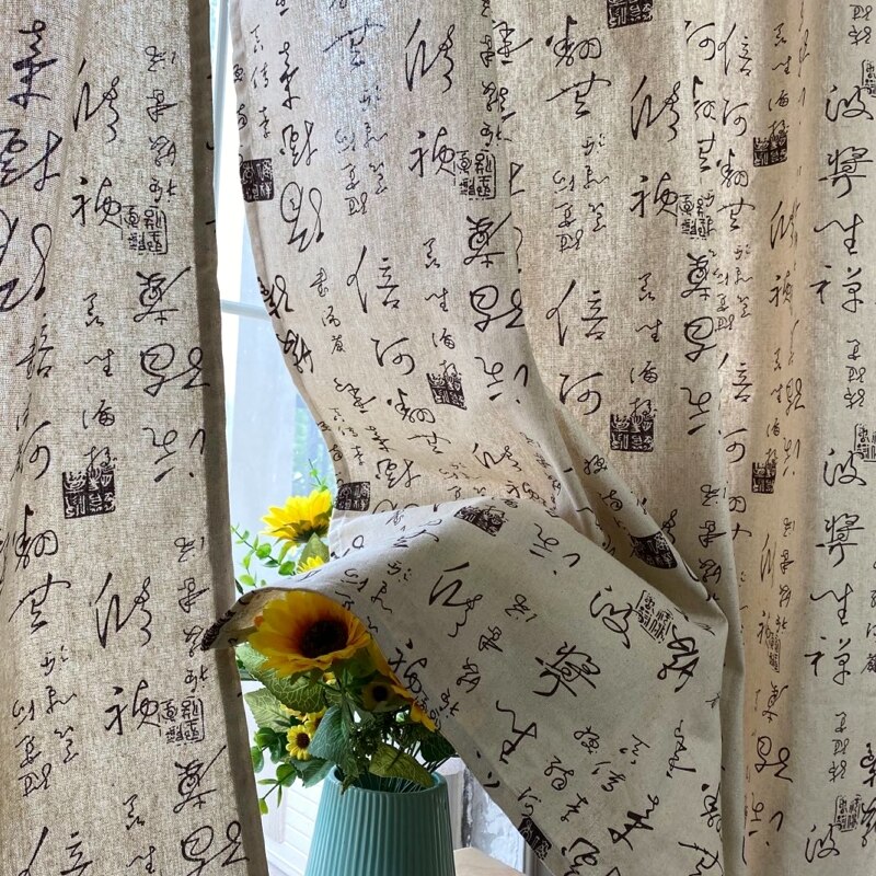 Rustic Cotton Linen Living Room Curtain Cursive Chinese Characters Beige Color Finished Curtain