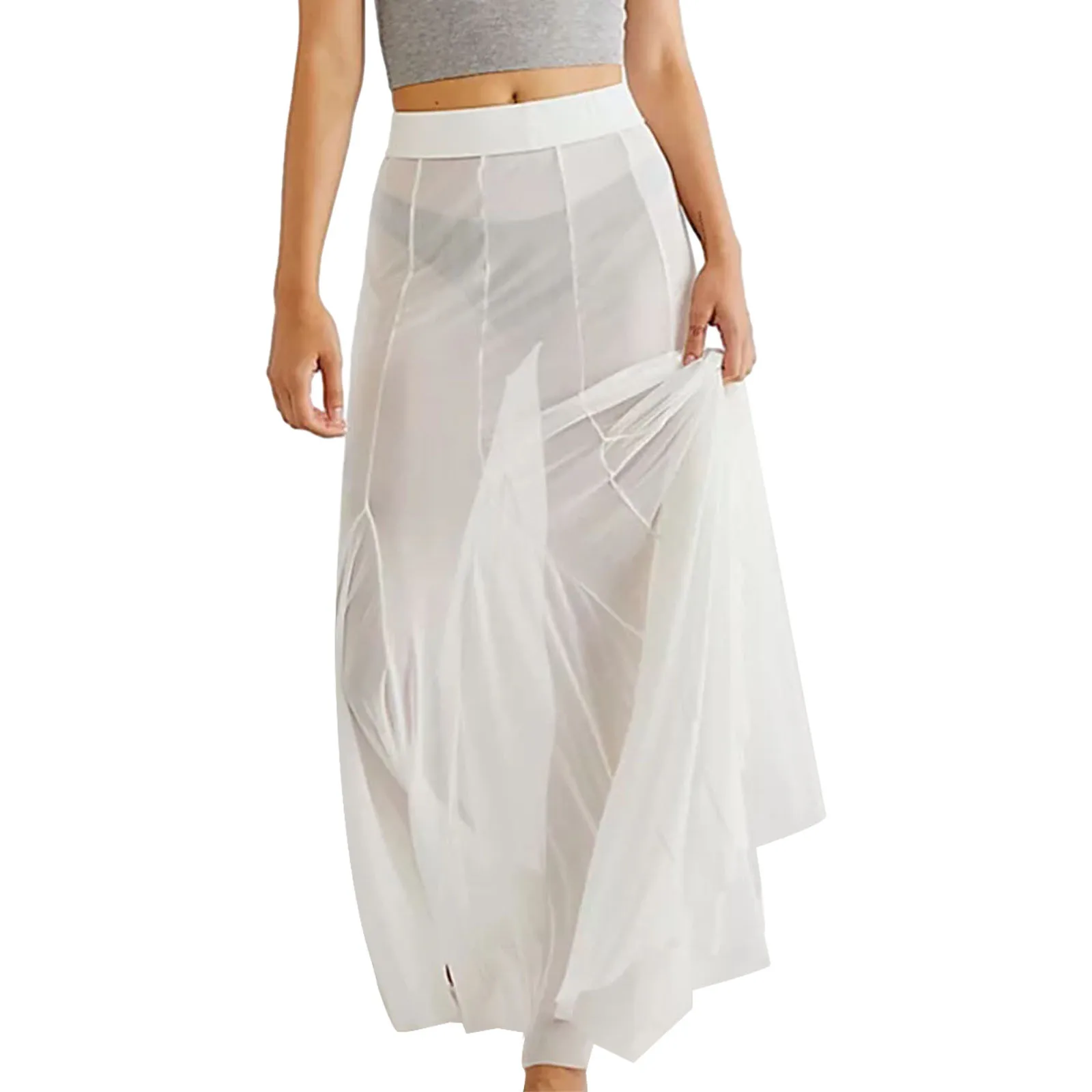 Combhasaki sexiga vintage retro långa kjolar med transparent mesh, elastiska höga midjor, volangkant, genomskinliga, avslappnade a-linjeformade kjolar: L / Vit