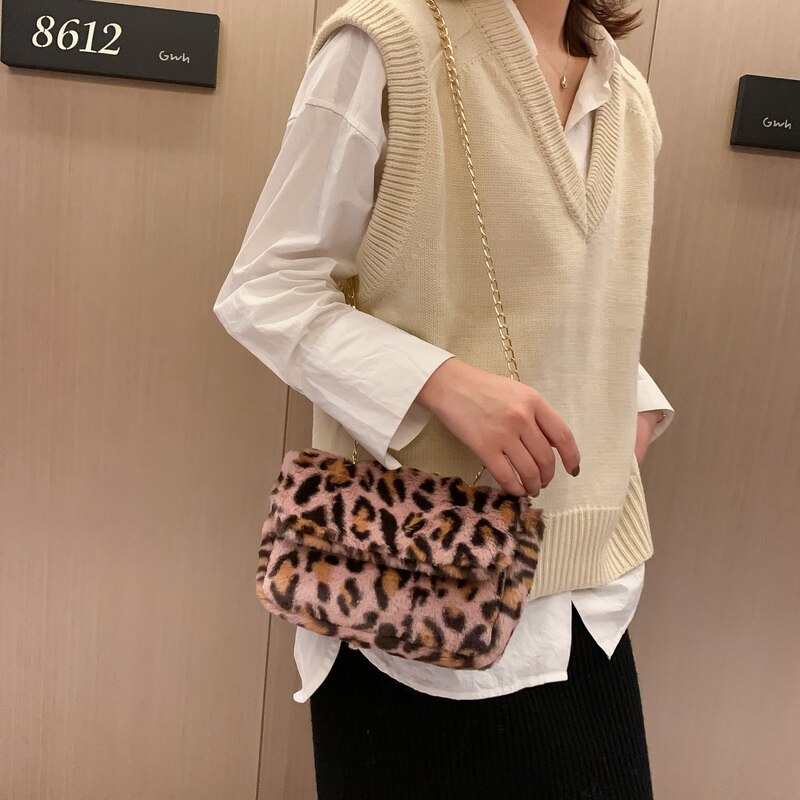 Winter Shoulder Bag Female Leopard Female Bag Chain Large Plush Winter Handbag Messenger Bag Soft Warm Fur Bag