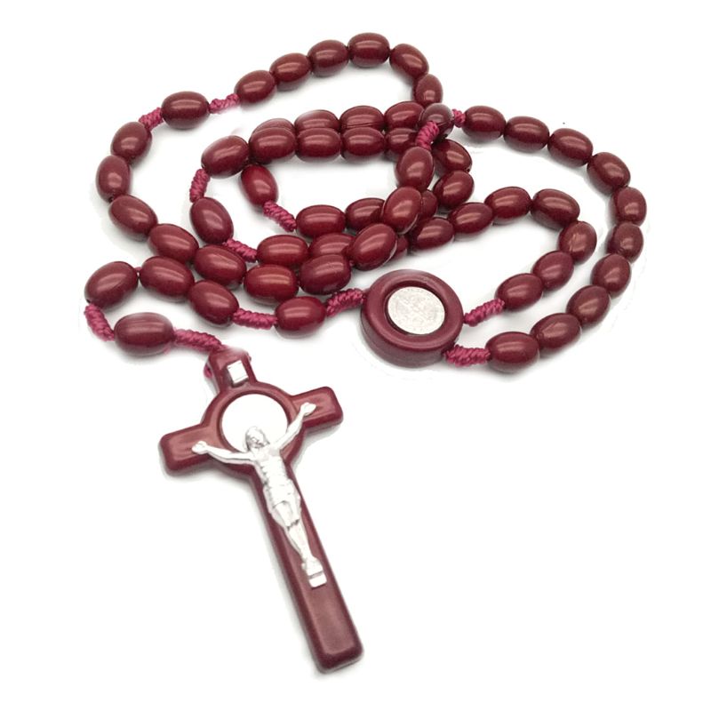 Jezus Houten Kralen 8Mm Rozenkrans Bead Kruis Hanger Ketting Geweven Touw Ketting Sieraden Accessoires