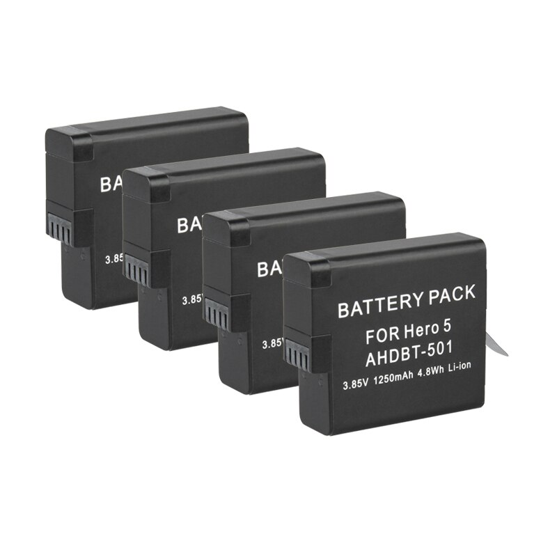 Batterij 1250 mah voor gopro hero 7 6 5 go pro hero 5 hero 6 hero 7 black ahdbt 501 ahdbt -501 camerabatterijen oplader: 4 batterijen