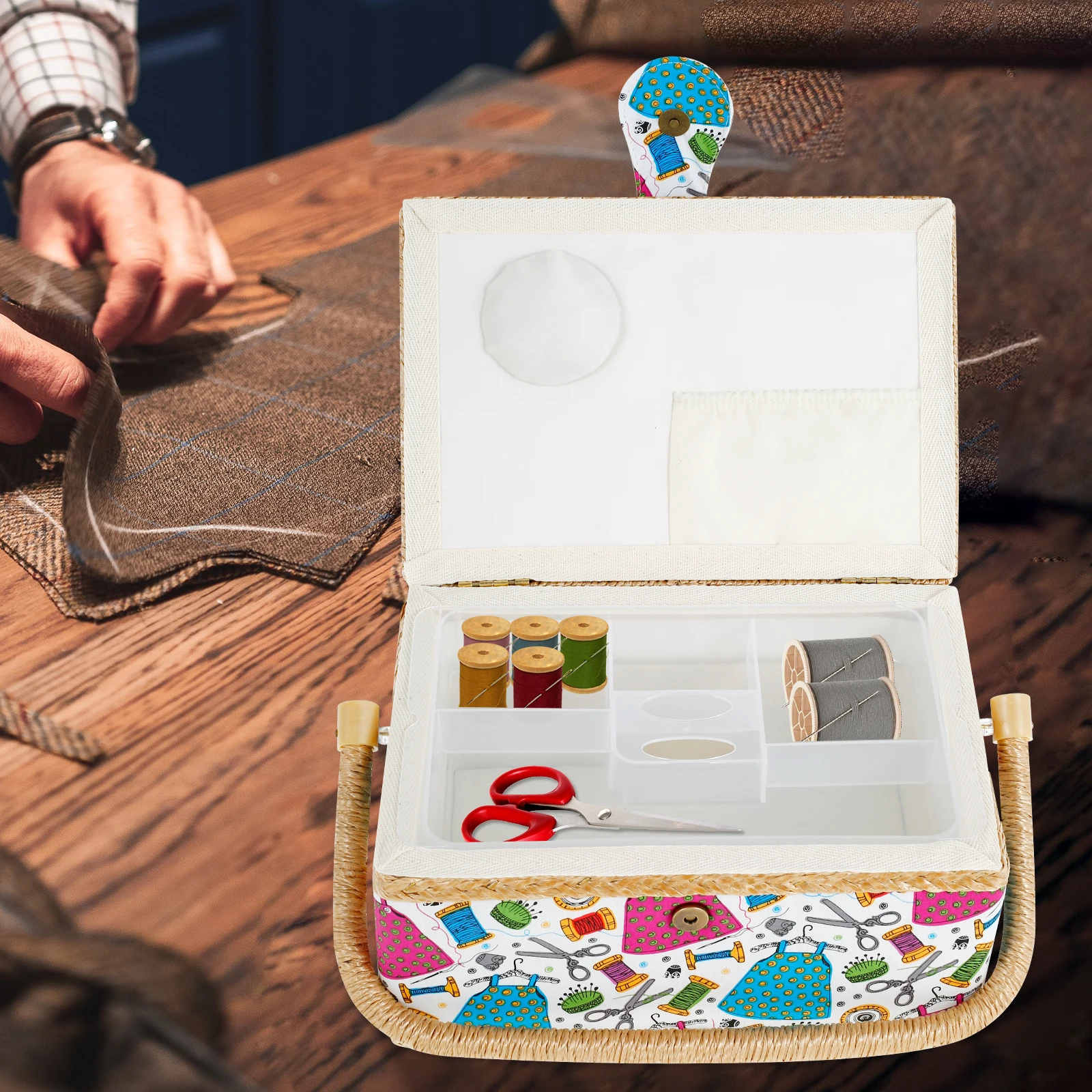 Sewing Basket with Removable Tray Practical Sewing Basket Organizer with Interior Pocket Portable Sewing Storage Box Stylish: Light Grey