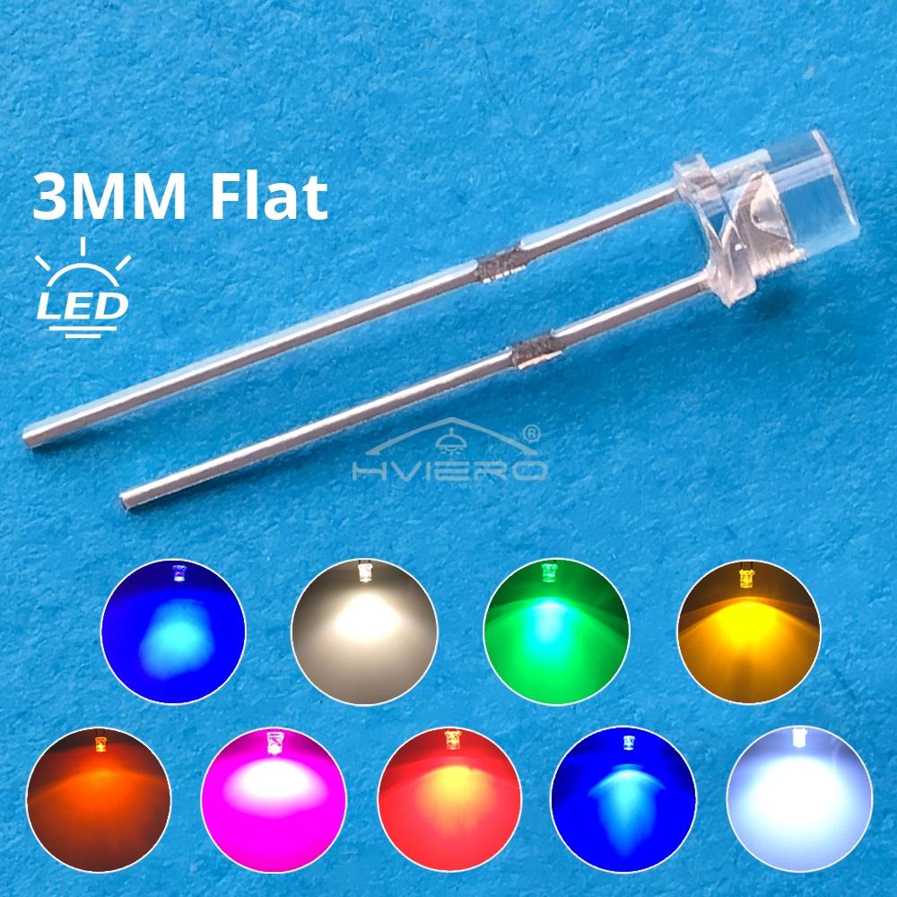 100X F3 3mm 2pins Flat head Bright LED Decoration Bulb White Red Yellow Blue Water Clear Wide Angle Light Emitting Diode Lamp