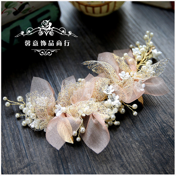 Korean silk yarn flower bride headdress beauty bride wedding hair accessories pink hair ornament