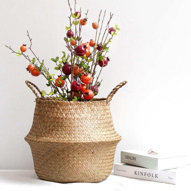 Boho Decor Foldable Handmade Rattan Storage Basket Folding Wicker Seagrass Belly Straw Garden Flower Pot Planter Panier Mimbre