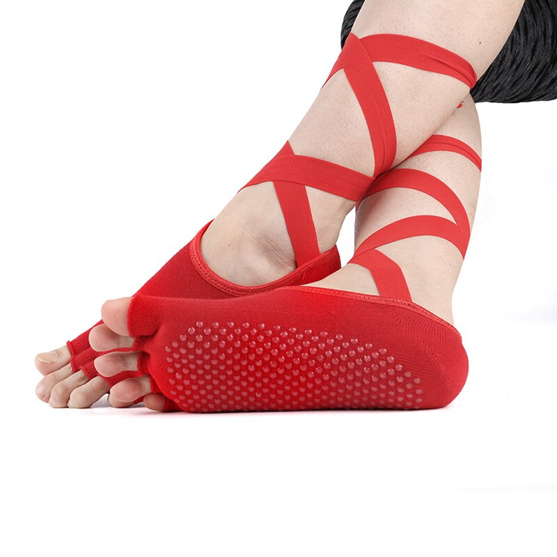 Calzini Yoga Cotone - Mezzo Dito Antiscivolo - Donna Pilates Barre Workout: Rosso