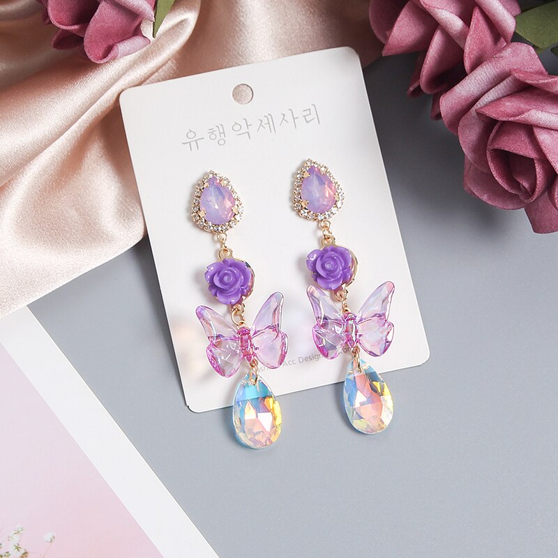 MWSONYA Korea Trendy Purple Butterfly Flowers Acrylic Pendant Earrings Crystal Water Drops Earrings for Women Earrings