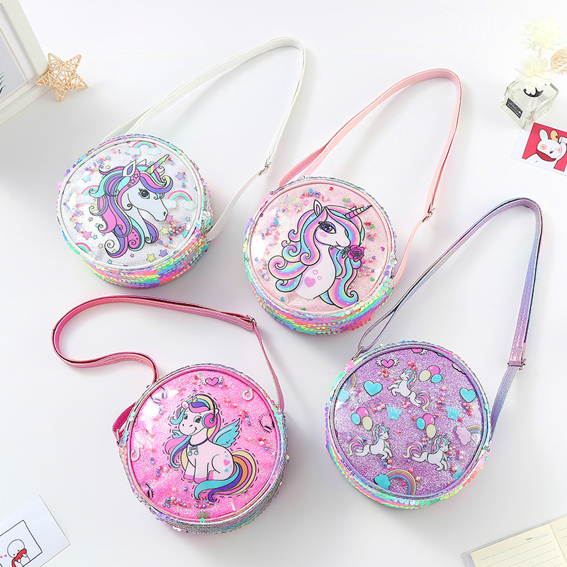 Mini-Kupplung für freundlicher, süße, glitzernde pailletten-umhängetaschen für kleine mädchen, einhorn-handtaschen und geldbörsen mit Karikatur-motiven, Baby-münzbeutel