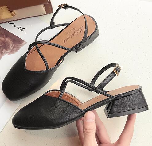 summer thick med-high heel close square toe sandals women retro hollow cross band buckle slingback gladiator sandalias: Black / 5