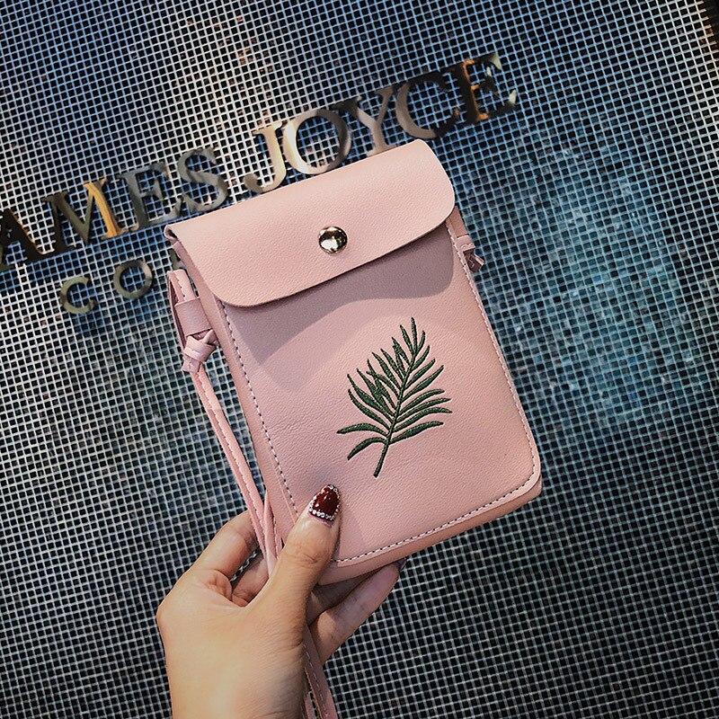 Cute Mini Crossbody Bags for Women Embroidery Leather Girls Shoulder Bag Women Bag Portable Phone Bag: Pink
