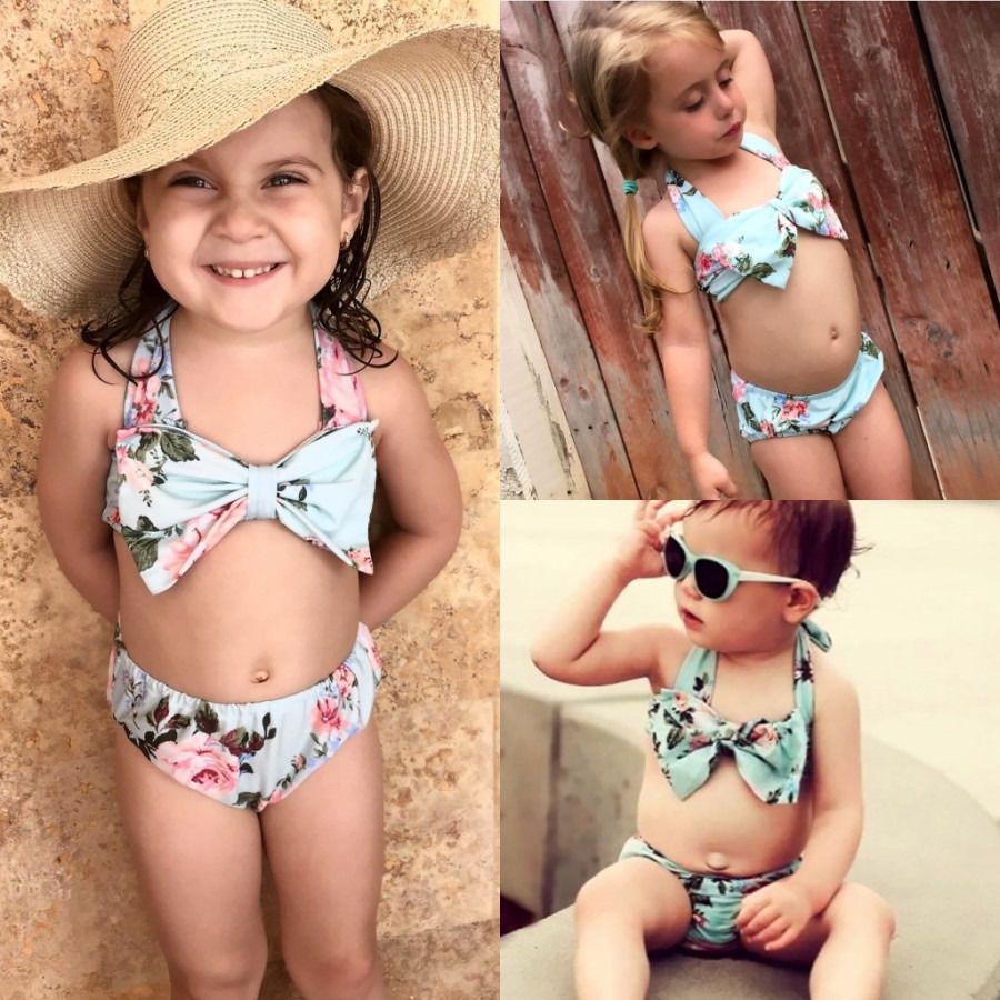 Cute Flowers Sailor Child Bikini swimsuit swimwear high waisted bathing suit for kids baby girls Biquini children swimwear