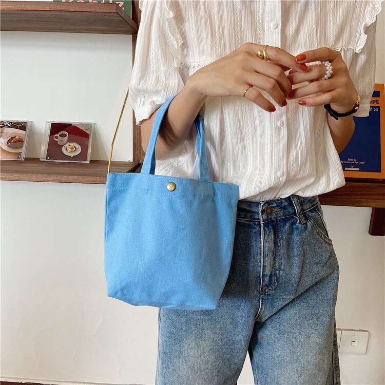 Sacs à provisions en toile mini-portables, simples, petits sacs en tissu pour femmes, couleur unie pure, fourre-tout décontracté, sacs en toile de coton, sac à main: Lac bleu