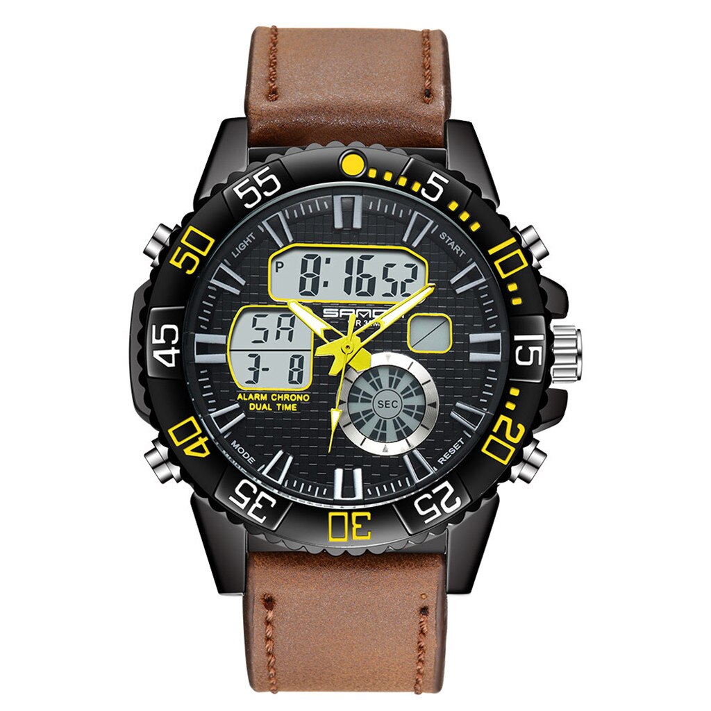 Sport Männer Uhren Wasserdicht Dual Display Analog Digital LED Männlichen Leder Strap Elektronische Handgelenk Uhr Reloj Hombre homme: Yellow