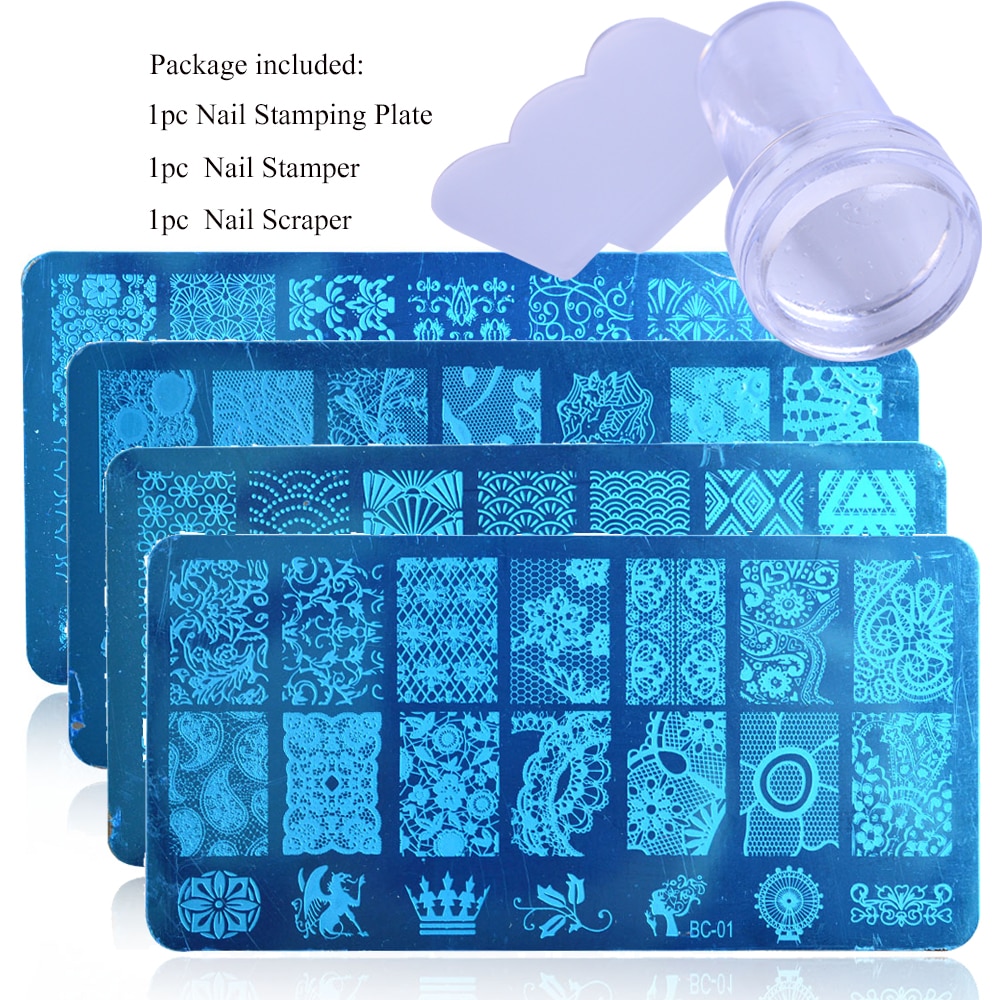 1 sæt blonde stempelplade til nail art blomst 3d overførselstryk stencil stamper skraber manicure stempel værktøj chbc 01-20