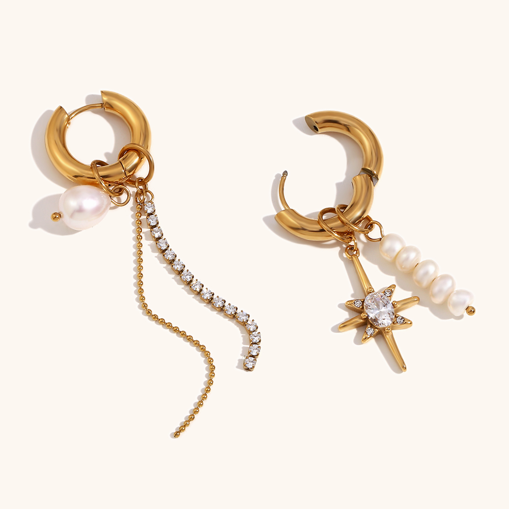Pendientes de acero inoxidable con diamantes asimétricos para mujer, aretes de aros dorados con dije de perla, joyería de , accesorios para
