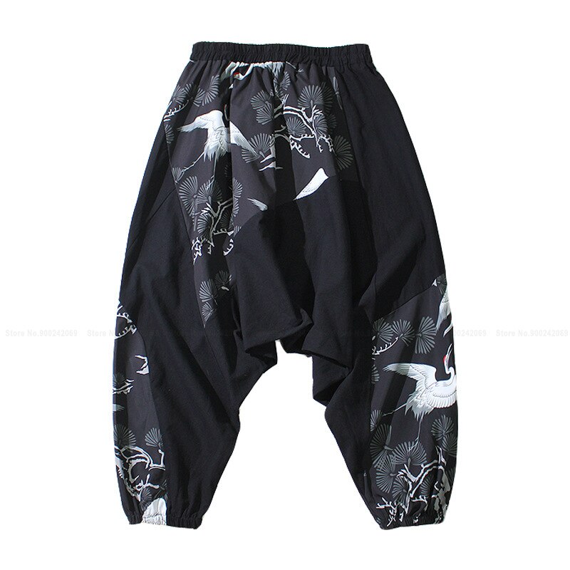 Men Wide Leg Harem Pants Chinese Style Print Kung Fu Tai Chi Bottoms Japanese Harajuku Asian Clothes Casual Trousers