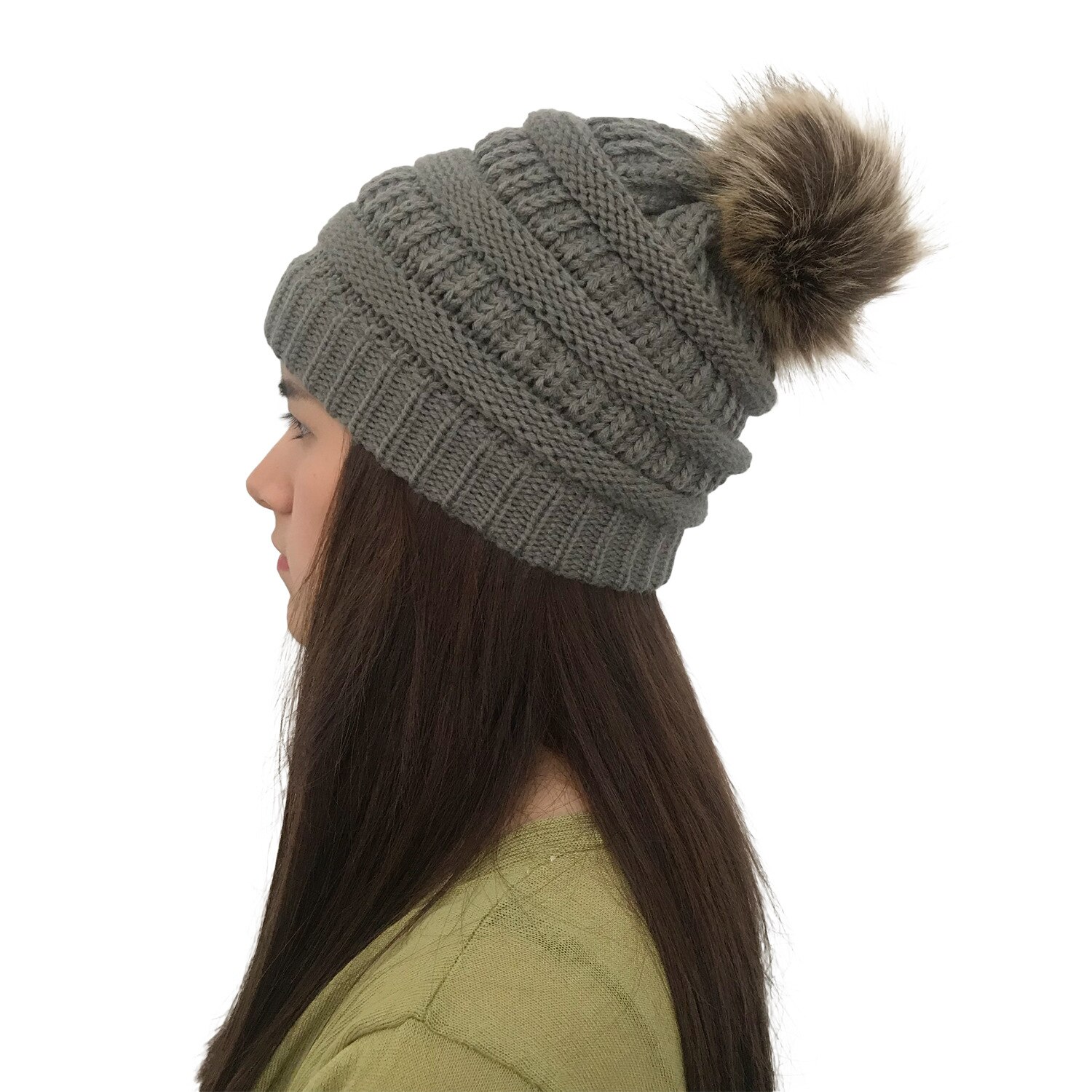 Casual mössor bubbelstickad unisex dam baggy beanie pom hatt dam vinter varm virkad stickad skidmössa hästsvans vanlig: D