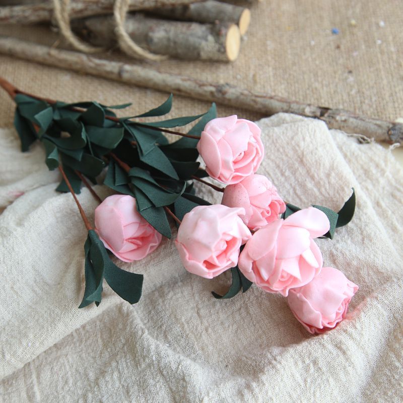 41cm 6 Heads PE Roses Flower Branch DIY Bridal Wreath Wedding Bouquet Home Garden Decoration Flower Arranging Accessories Flores: Light Pink