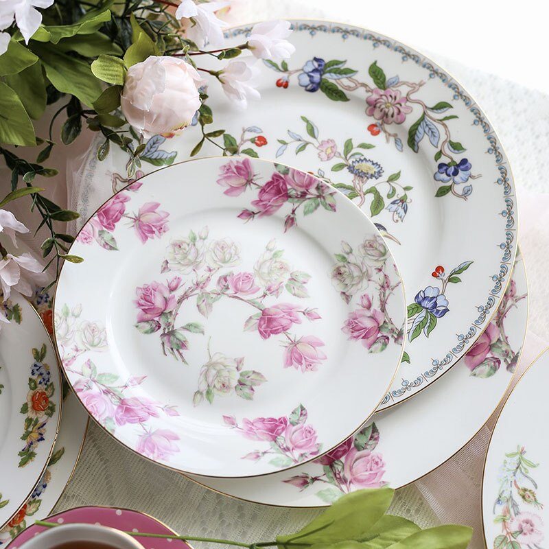 China Bone Dinner Plate Flower Food Dishes and Plates Luxury Gold Inlay Plates Set Bread Steak Dinner Set Porcelain Tableware