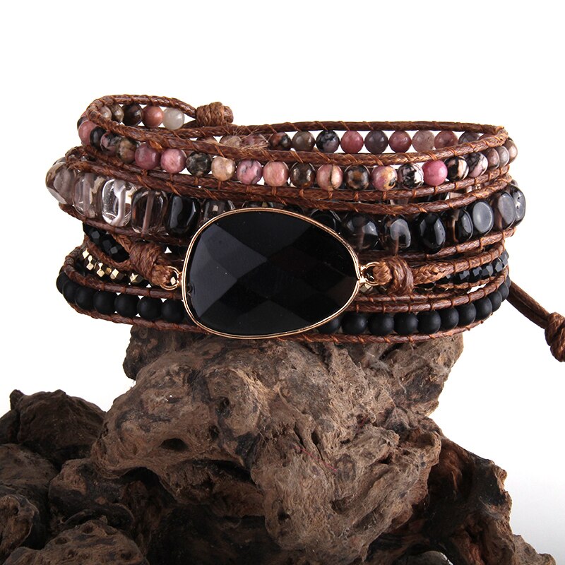 RH Boho Bracelet &amp; Beaded Armbander Black Natural Stones Charm Woven Wrap Bracelets: black