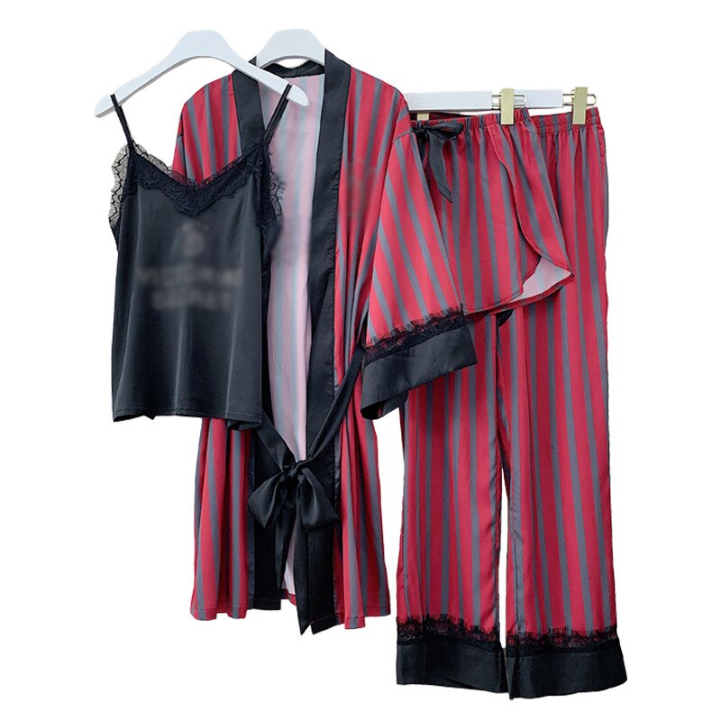 Ladies vs stripe pajamas four-piece diamond logo Wide stripes color matching Home service suit Sexy comfortable: Red