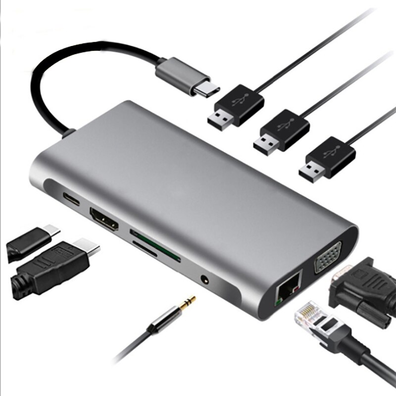 Moyeu 10-en-1 type-c moyeu USB3.0 PD charge haute vitesse pour Huawei XiaoMi Lenovo Station d'accueil 4K HDMI SD TF LAN